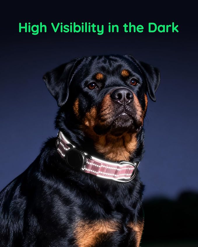 Upgrade Airtag Dog Collar,with IPX8 Waterproof AirTag Holder | Reflective Ultra-Durable | Soft Padded | Lock Buckle | Heavy Duty | Fit Small Medium Large Dogs（Pink，M(15"～19")）