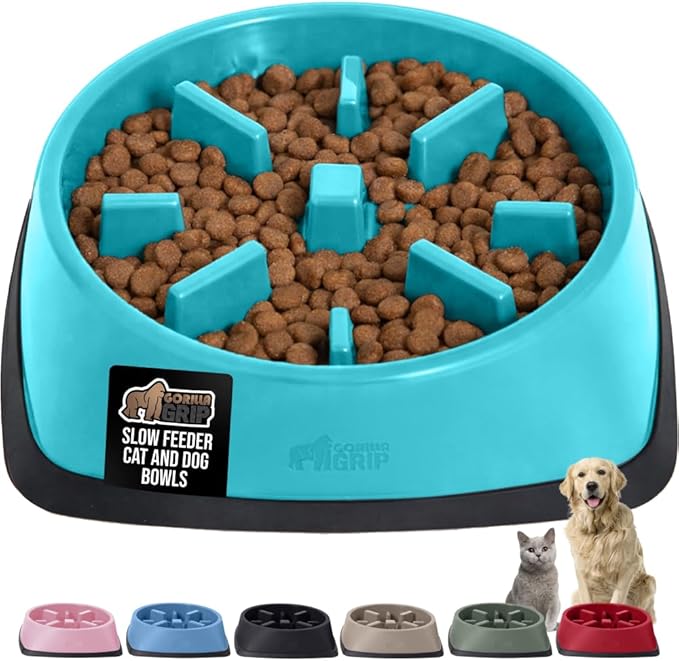 GORILLA GRIP Patented BPA Free Slow Feeder Dog Bowls, Interactive Puzzle Toy for Dogs and Cats Food Training Enrichment, Keeps Pets Busy and Prevents Puppy Overeating, All Breeds, 2 Cup, Turquoise
