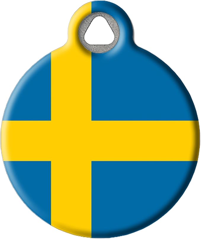Dog Tag Art Swedish Flag Personalized Pet ID Tag for Dogs and Cats, Silent Polymer Coated Stainless Steel Flag of Sweden Nametag with Customized Identification Information - Small .875" Diameter