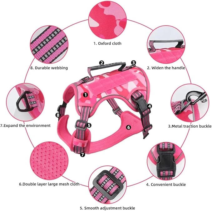 Tactical Dog Harness with Leash for Large Dogs, No Pull Adjustable Dog Harness, Reflective K9 Working Pet Vest for Walking, Training (Fuchsia Camo, L)
