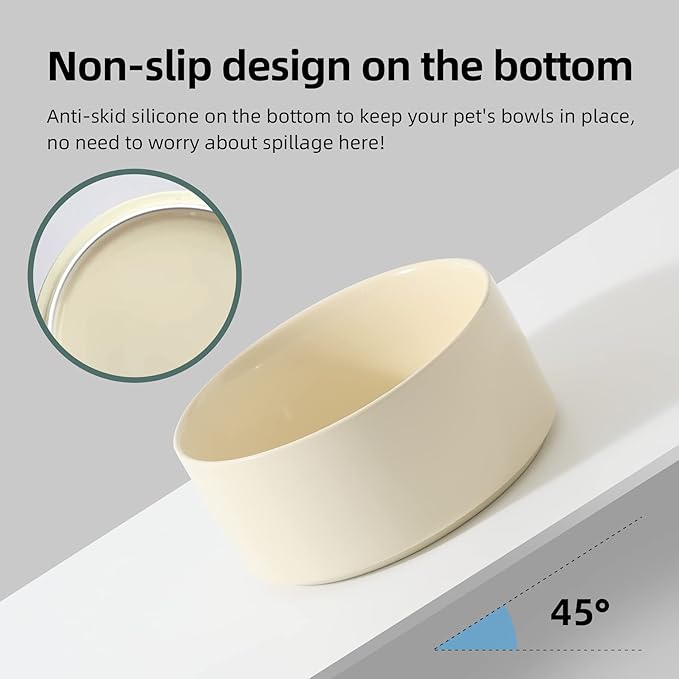 Ceramic 5.1inch Raised Double Bowls Set with Wooden Stand, Elevated Food & Water Bowls for Small Breed Dogs, Cats, Kitty, Weighted Dog Dishes, Pet Bowls(13.5oz, Beige)