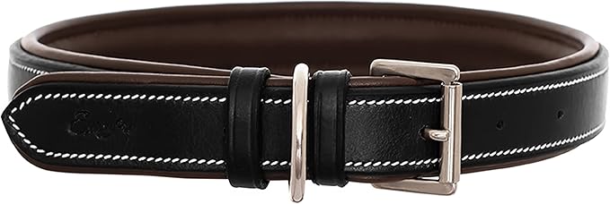 Exion Geniun Leather Dog Collar Designer Stitched Soft Leather Padded- Suitable for Small Medium Large X-Large Dogs for Walking Running- Black with Havana Padding