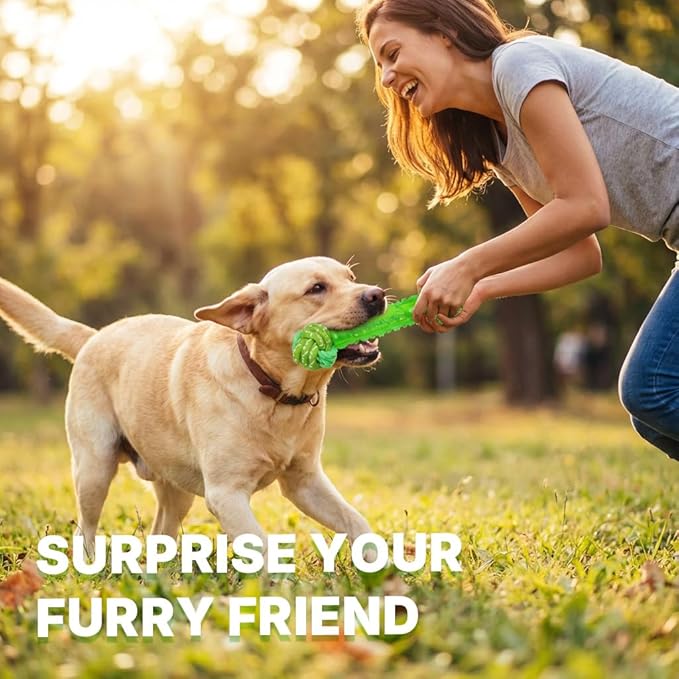 Dog Bone Chew Toy with Rope Ball - Tough Dog Toys with Textured Body for Teeth Cleaning, Dental Chew Toy for Small, Medium and Large Dogs, Green