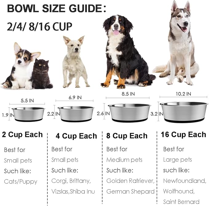 Deep Stainless Steel Non-Skid Dog and Food Bowls, Each Holds Up to 2 Cups, Set of 2 Packs(5.5 x 1.9 Inches)