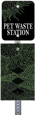 DISPENSE-ART™ collection "Rolling Hills - Black" - Custom UV printed design on rust-proof aluminum 7' dog waste station with 400 dog waste roll bags