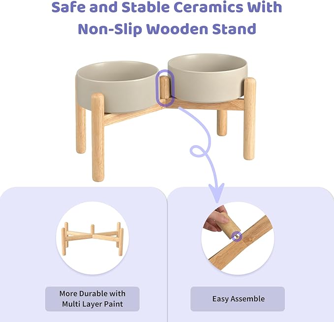 SPUNKYJUNKY Ceramics Raised Bowls with Wooden Stand - Elevated Dog Food and Water Bowl (Double 28.7OZ, Grey)