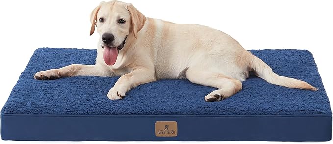 Bedfolks Orthopedic Dog Bed for Extra Large Dogs - Egg Foam Dog Crate Bed with Removable Waterproof Cover, Pet Bed Mat Suitable for Dogs and Pets Up to 90 lbs (41 x 29 x 3.5 inches, Navy)
