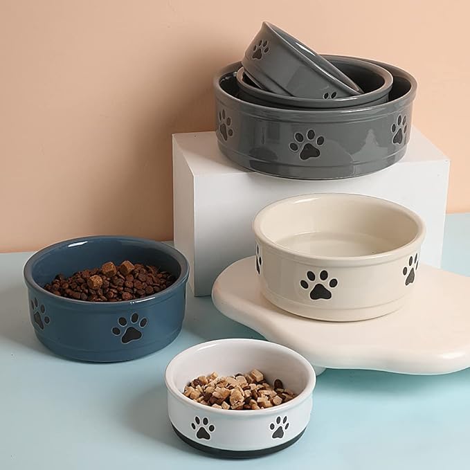 Sweejar Ceramic Dog Bowls with Paw Pattern, Dog Food Dish for Medium Dogs, Porcelain Pet Bowl for Water 35 Fl Oz (Beige)