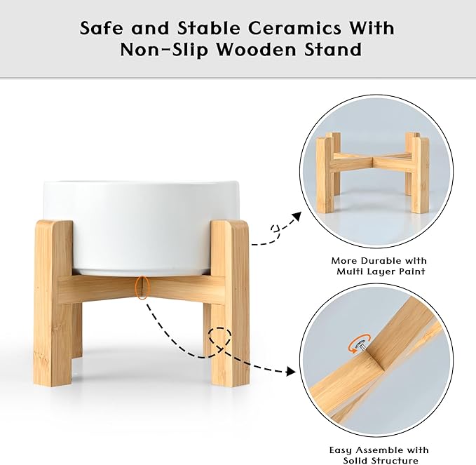 SPUNKYJUNKY Ceramic Elevated Dog Bowls 2 Pack - 6.1inch Raised Dog Bowls with Non-Slip Wooden Stand for Medium Dogs Dishwasher Safe(White,28.7OZ*2)
