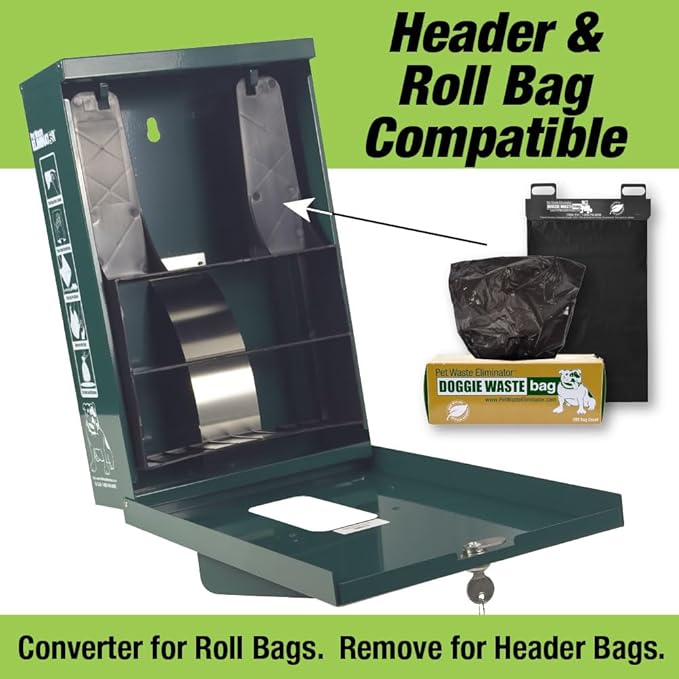 Dog Waste Bag Dispenser - Works with Header & Roll Bags - Outdoor Rustproof Aluminum with Lock & Rainguard - Ideal for HOAs, Apartments, Businesses, Parks (Green)