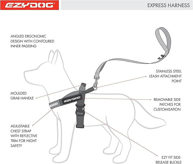 EzyDog Express Dog Harness - Adjustable Dog Harness for Large, Medium, and Small Dogs with Padded Ergonomic Anti-Chafing Design, Grip Handle, & Easy Side Buckle (XL, Purple)