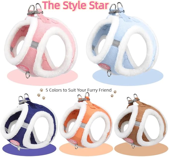 Dog Harness and Leash Set-No Pull No Choke Step-in Pet Harness for Cold Weather Lightweight Adjustable Cat Harness Warm Plush Puppy Vest with Hook & Loop Fastener Buckles D-Rings-Lightorange-M
