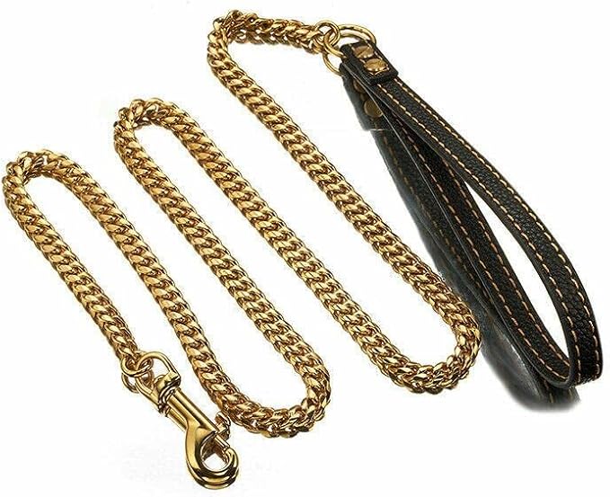 3FT/4FT/5FT Heavy Duty Gold Dog Chain Leash 10MM Stainless Steel Miami Cuban Link Chain with Durable Genuine Leather Handle for Training Walking(10mm,4ft)…