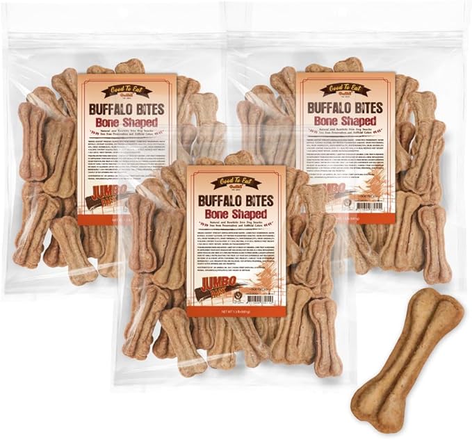 Gootoe Buffalo Dog Treats, Buffalo Bites Bone Shaped, Natural Low-Fat Chews for Training & Rewards, Limited Ingredient, 1.5 lb Resealable Bag, Puppy Treats for Small Dogs & Puppies (Pack of 3)
