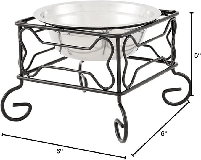 YML Elevated Stainless Steel Dog & Cat Bowl with Black Wrought Iron Stand, 5-Inch (2.5 Cups)
