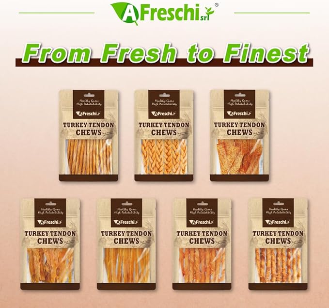 A Freschi srl Turkey Tendons for Dogs, USA-Sourced, Healthy Dog Treats, Rawhide-Free Puppy Chews, Long Lasting, All Natural, Hypoallergenic Dog Treats, Flaked, 3.5 oz Pack