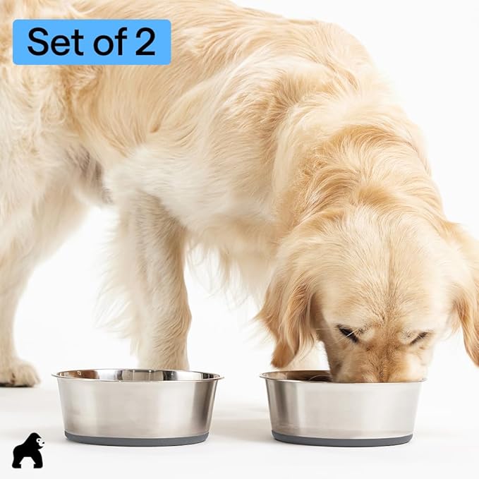 GORILLA GRIP Set of 2 Dog Bowls, Holds 8 Cups (64 fl oz), Heavy Duty Metal Food and Water Bowl for Feeding Dogs and Cats, Dishwasher Safe, Rust Resistant Stainless Steel, BPA Free Rubber Base, Gray