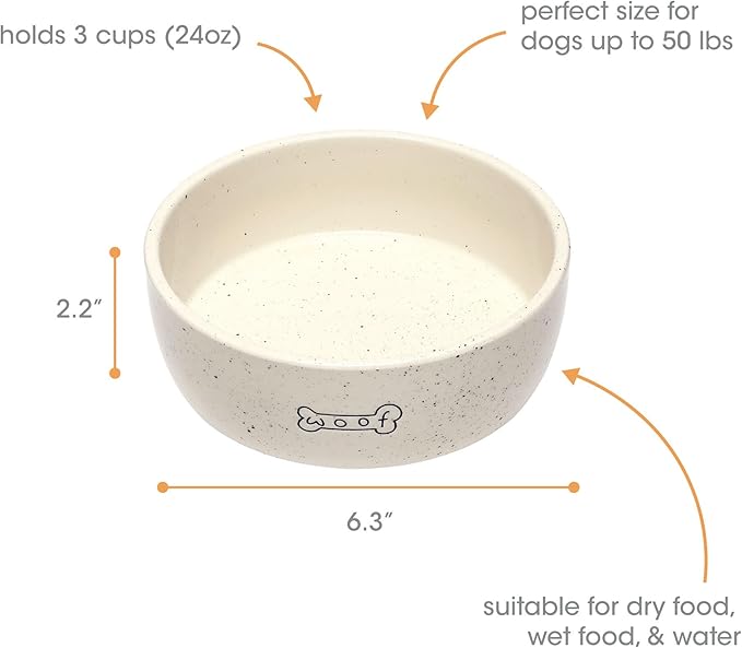 Pearhead Ceramic Pet Bowl 3-Cup Capacity Durable Speckled Dish with Woof Graphic Food Water Feeder for Small Medium Dogs