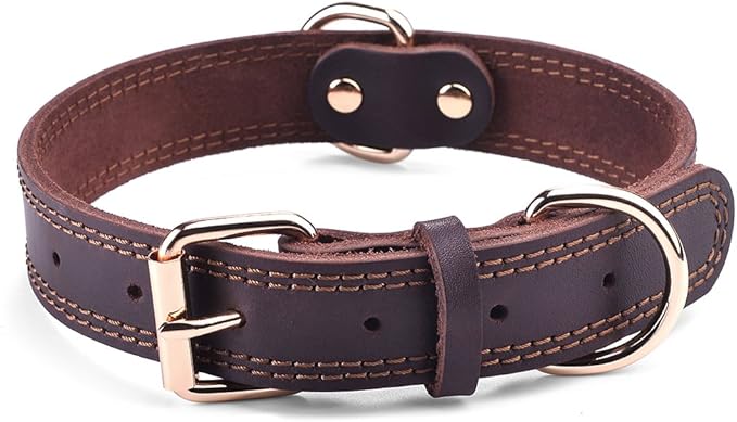 Genuine Leather Dog Collar, Heavy Duty Wide Dog Collar for Small, Medium,Large and Extra Large Dog (XL: 1.4" Wide for 18.6"-25.8" Neck, Dual Stitch - Brown)
