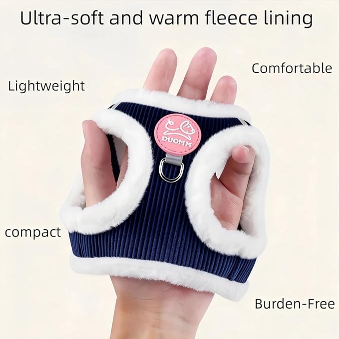 Dog Harness and Leash Set-No Pull No Choke Step-in Pet Harness for Cold Weather Lightweight Adjustable Cat Harness Warm Plush Puppy Vest with Hook & Loop Fastener Buckles D-Rings-Blue+White-M