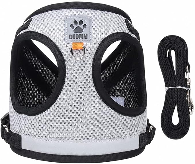 Dog Harness and Leash Set-No Pull No Choke Step-in Pet Harness for All Weather Lightweight Adjustable Cat Harness Breathable Soft Mesh Puppy Vest with Hook & Loop Fastener Buckles D-Rings-Gray-XS