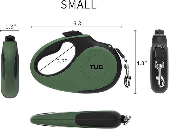 TUG 360° Tangle-Free Retractable Dog Leash with Anti-Slip Handle | 16 ft Strong Nylon Tape | One-Handed Brake, Pause, Lock (Small, Green)