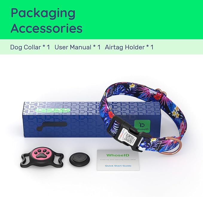 WhoseID Airtag Dog Collar,with Waterproof airtag Holder，Original Stylish Cute Pattern Design.QR Code ID Buckle，Comfortable Soft Cotton for Small Medium Large Dogs