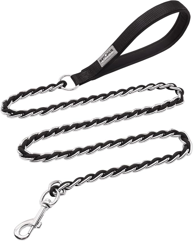 Chain Dog Leash Chew Proof Metal Leash for Medium Large Dogs, Chain Link Dog Anti Chew 5.2FT / 4FT Strong Anti Bite Comfortable Soft Padded Handle (Black, 4FT(30-80lb)