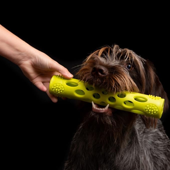 Messy Mutts Totally Pooched Huff'n Puff Stick | 10” x 2” TPR Puzzle Stick for Dogs | 2-in-1 Interactive Toy and Tooth Cleaner | Green