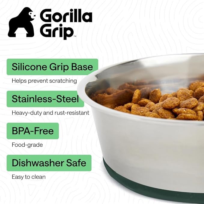 GORILLA GRIP Set of 2 Dog Bowls, Holds 6 Cups (48 fl oz), Heavy Duty Metal Food and Water Bowl for Feeding Dogs and Cats, Dishwasher Safe, Rust Resistant Stainless Steel, BPA Free Rubber Base, Green