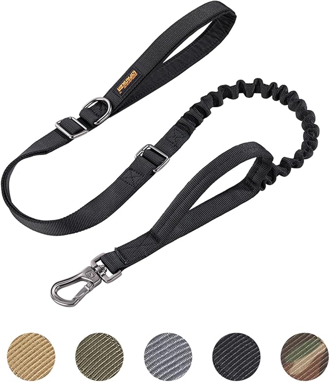 EXCELLENT ELITE SPANKER Tactical Dog Leash Heavy Duty 5-6FT Adjustable No Pull Military Bungee Dog Leash Elastic Leads Rope with 2 Padded Control Handle for Medium Large X-Large Dogs(Black)