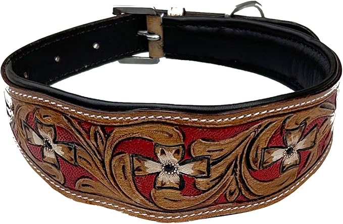 Majestic Ally Leather Dog Collar with Adjustable, Padded Fit for Walking, Hiking, and Running, Designer Western Wear for Puppies, Fancy Colors (Red - Natural, Small)