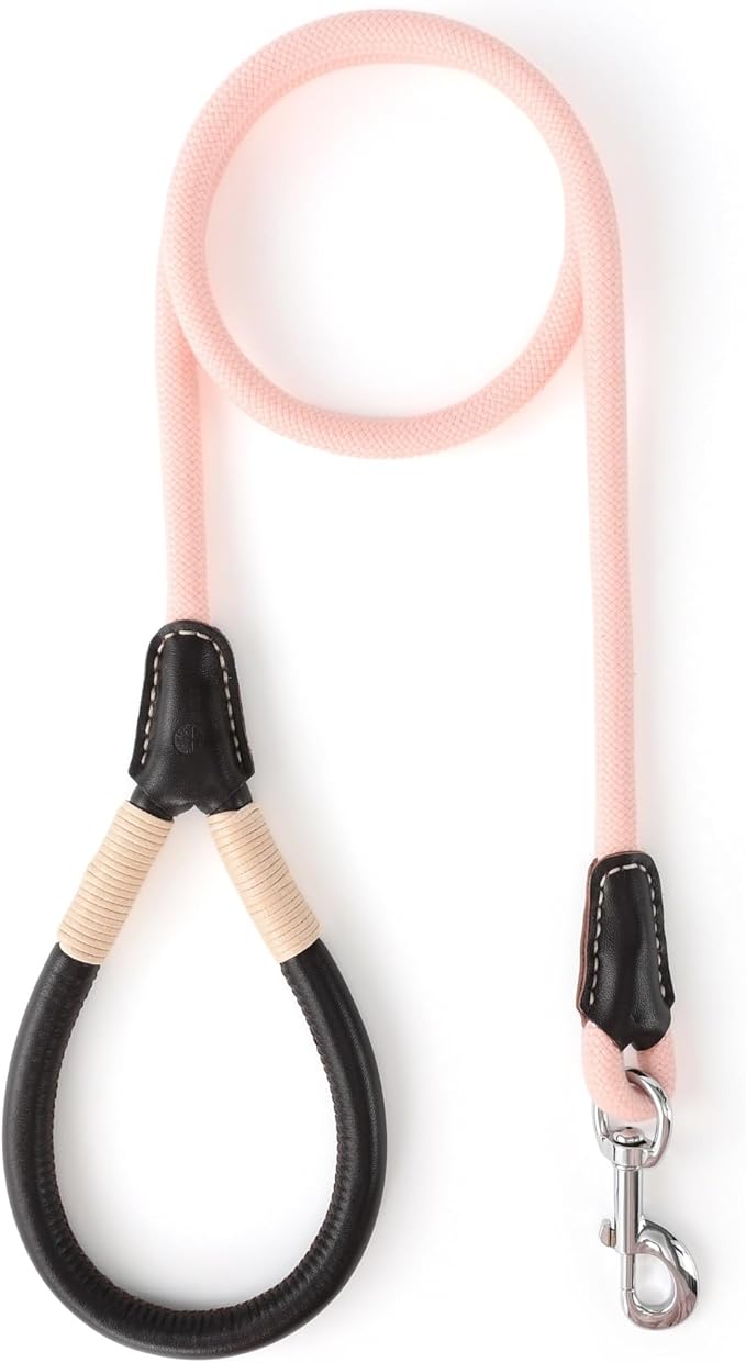 Mile High Life Genuine Leather Wrapped Handle Dog Leash, w Heavy Duty Clasp Rope Leash for Small Medium Large Dogs (Pink, 4FT)