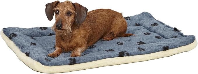 MidWest Homes for Pets QuietTime Reversible Paw Print Pet Bed, Soft Faux Fur & Fleece 30-Inch Crate Mat for Medium Dogs, Machine Washable, Blue and Cream