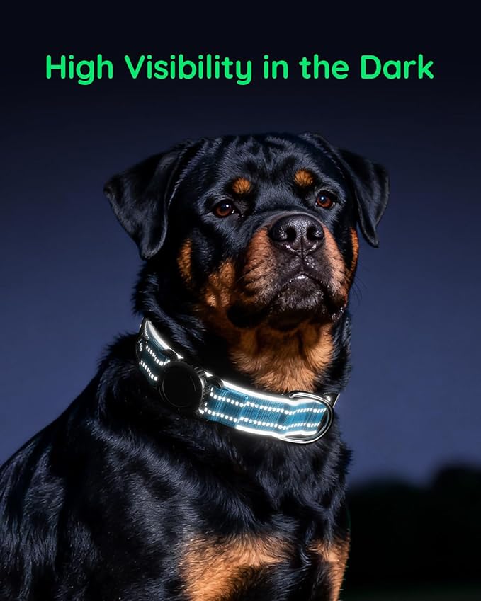 Upgrade Airtag Dog Collar,with IPX8 Waterproof AirTag Holder | Reflective Ultra-Durable | Soft Padded | Lock Buckle | Heavy Duty | Fit Small Medium Large Dogs（Blue，XL(19"～27")）