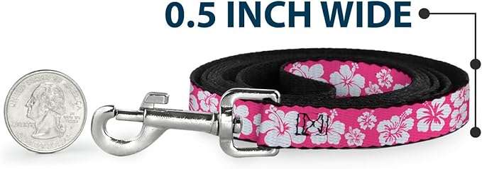 Dog Leash Hibiscus Neon Pink White 4 Feet Long 0.5 Inch Wide