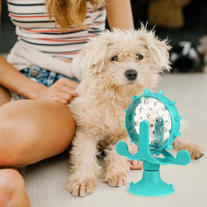 Interactive Pets Treats Dispenser Toy: 360 Degree Rotating Windmill Puzzle Toys for Small Cat & Dog Exercise - Window Ferris Wheel Feeder with Suction Cup for Puppies, Blue