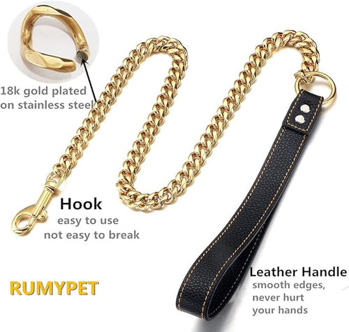 18K Gold Dog Chain Leash 15MM Solid Chew Proof 316L Stainless Steel Cuban Link Chain with Smooth Leather Handle Beautiful Leash for Walking Training 3FT/4FT/5FT(15mm,4ft)…