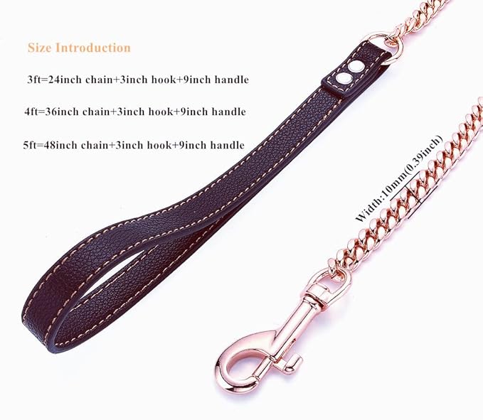 Rose Gold Dog Chain Leash 10MM 14MM Curb Cuban Link Chain Dog Leash Strong Chew Proof Stainless Steel Leash 3FT/4FT/5FT for Small Medium Large Dogs(10mm,3ft)…