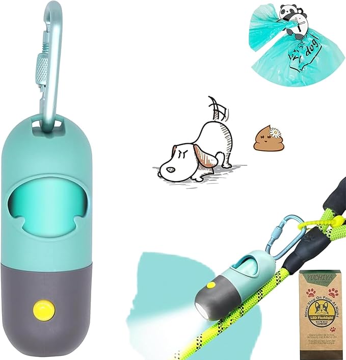 Dog Poop Bag Holder Dispenser with LED Flashlight - Night Visibility for Safe Evening Walks | Upgraded Hands-Free Leash Clip | Includes 15 Dog Waste Bags(Crystal Blue)