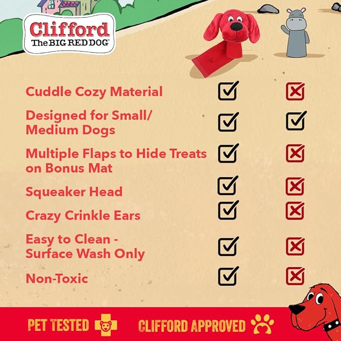 Clifford® Snug Snuffy Treat Mat Combo | Mini Treat Snuffle Mat for Dogs + 6" Plush Dog Toy | Hide 'n Seek, Cozy Comfort, Sensory Stimulation with Squeaker and Crinkles
