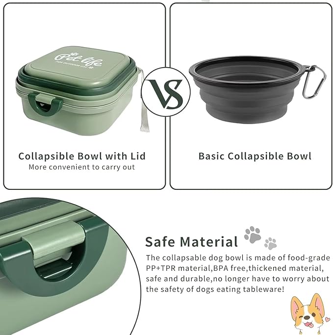 2-in-1 Collapsible Dog Bowl with Lid, BPA-Free Food Grade Material, Portable Travel Container, Green