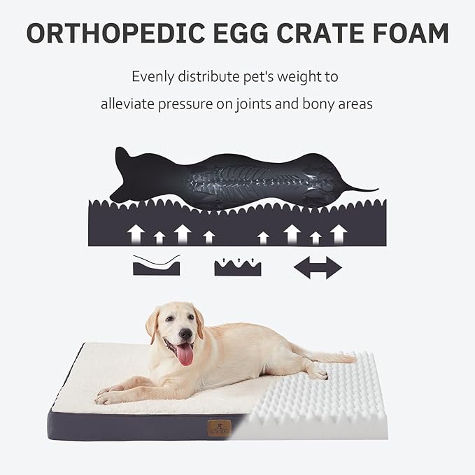 Bedfolks Orthopedic Dog Bed for Large Dogs - Egg Foam Dog Crate Bed with Removable Waterproof Cover, Pet Bed Mat Suitable for Dogs and Pets Up to 50 lbs (35 x 22 x 3 inches, Grey)
