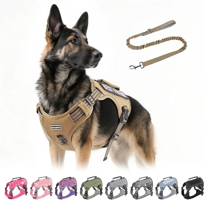 Tactical Dog Harness with Leash for Large Dogs, No Pull Adjustable Dog Harness, Reflective K9 Working Pet Vest for Walking, Training (Khaki, S)