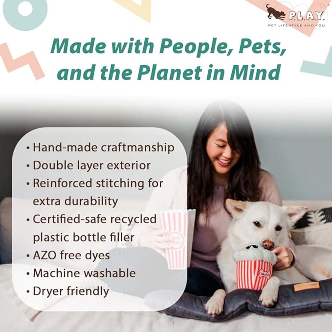P.L.A.Y. Cute Plush Dog Toys - Hollywoof Cinema, Movie Themed Durable Squeaker Chew Toy, Great for Puppies & Small, Medium, Large Dog Breeds - Machine Washable, Recycled Materials (Poppin' Pupcorn)