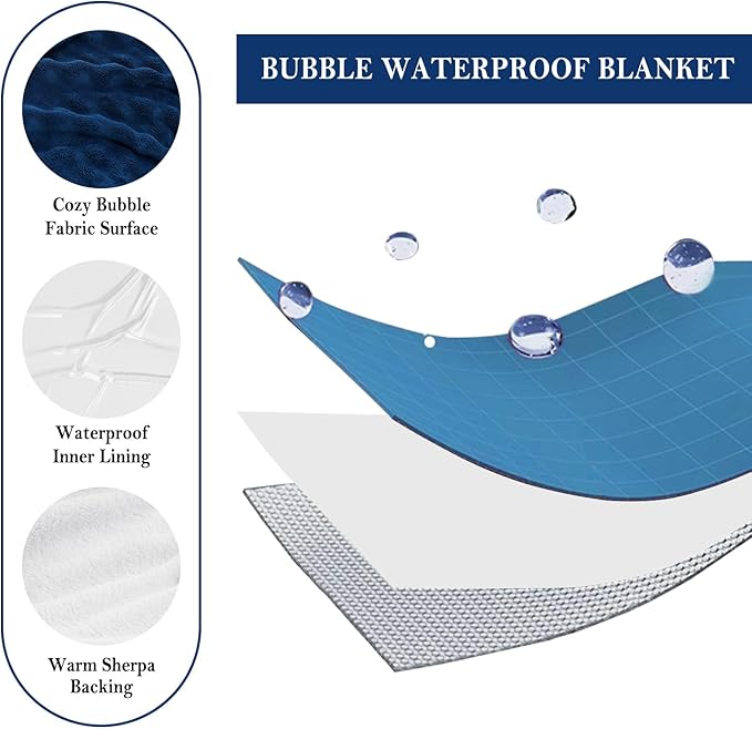 Waterproof Blanket for Bed Couch Sofa Car, Soft Leakproof Dog Blanket with 3D Bubble Pattern, Reversible Water Proof Pet Blankets for Dogs Cats Puppies (50"x60", Navy Blue)