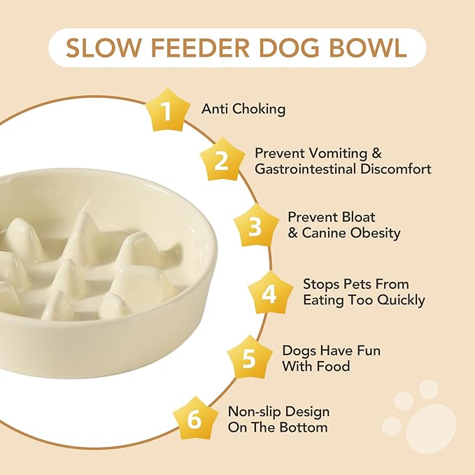 Ceramic 0.9 Cup Dog Bowl Slow Feeder, 6.1inch Slow Pet Food Dish for Small Dog and Cat, Stop Bloat, Preventing Choking(Single Bowl, Beige)
