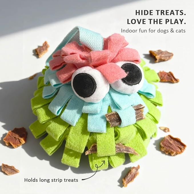 Squeaky Dog Snuffle Toy, Interactive Hide and Seek Food Puzzle for Boredom Relief, Slow Eating & Mental Enrichment, Monster Snuffle Ball for Small Dogs(Orange-Yellow-Blue)