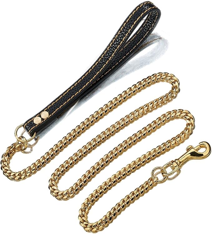 3FT/4FT/5FT Heavy Duty Gold Dog Chain Leash 10MM Stainless Steel Miami Cuban Link Chain with Durable Genuine Leather Handle for Training Walking(10mm,4ft)…