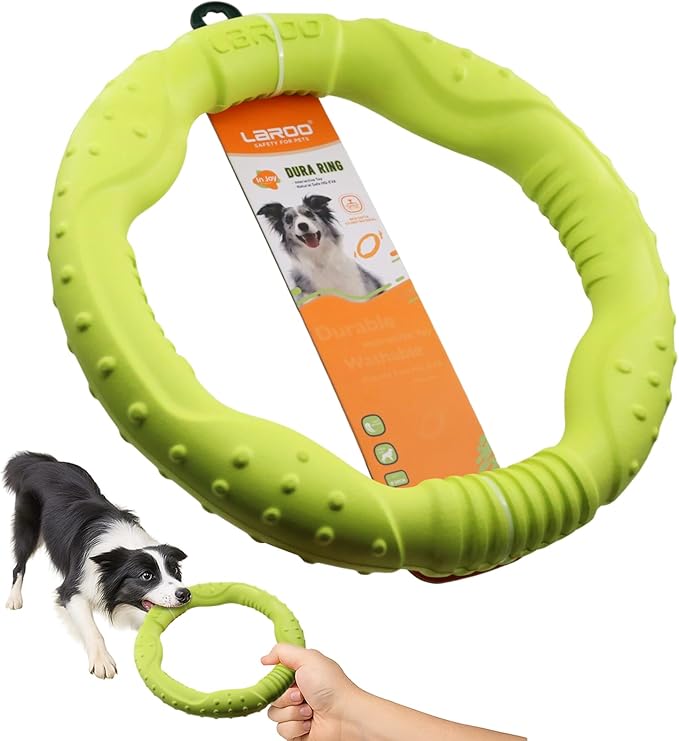 LaRoo 11.8 Inch Heavy-Duty Dog Flying Ring - Floating Chew Toy for Aggressive Chewers, Interactive Tug of War & Teething Toy for Medium/Large Dogs, Waterproof Outdoor Fetch Toy (Green)